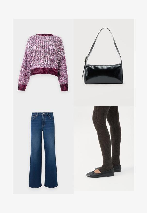 Pull court texturé avec un motif multicolore dans des nuances de rose, violet et blanc. Encolure et poignets côtelés.; Jean en denim à jambes larges de couleur bleu foncé avec une finition texturée, comportant une fermeture à bouton, un design à cinq poches et un ourlet droit.; Jambes portant des leggings côtelés foncés associés à des ballerines noires avec de petits détails en nœud sur fond blanc.; Sac d'épaule rectangulaire noir avec une sangle réglable unique et une fermeture éclair supérieure sur un fond uni.