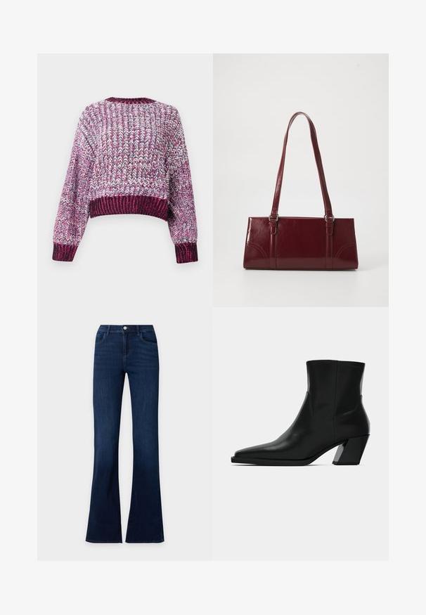Pull court texturé avec un motif multicolore dans des nuances de rose, violet et blanc. Encolure et poignets côtelés.; Jean en denim bleu foncé avec jambes évasées, poches avant et fermeture à bouton à la taille.; Bottine en cuir noir avec un bout pointu, une silhouette élégante et un talon carré massif. Texture lisse avec des détails de couture minimalistes.; Sac à main bordeaux en matériau brillant, de forme rectangulaire, avec deux anses et des accents légèrement courbés à l'avant.