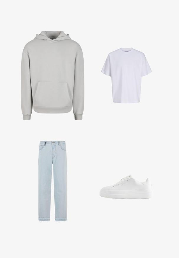 Lysegrå hættetrøje lavet af blødt bomuldsblandingsmateriale, med en lomme foran, snøre i hætten og ribstrikkede manchetter og kant.; Simpel hvid oversized t-shirt med korte ærmer, rund hals og løs pasform mod en hvid baggrund.; Lyseblå denimjeans med lige ben, frynset kant, femlomme-design og et subtilt vaskemønster. Har en knaplukning.; Hvid lavtop sneaker med tyk sål, snørebånd foran og små ventilationshuller på siden, vist i profil.