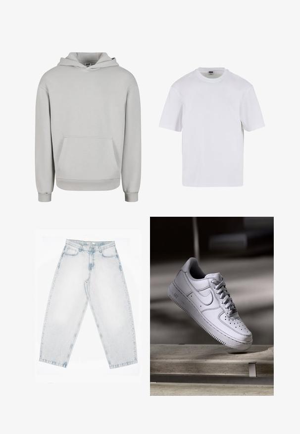 Lysegrå hættetrøje lavet af blødt bomuldsblandingsmateriale, med en lomme foran, snøre i hætten og ribstrikkede manchetter og kant.; Hvid kortærmet t-shirt lavet af bomuld. Har en rund halsudskæring og en afslappet pasform. Glat tekstur, minimalistisk design, ingen mønstre eller accenter.; Lyseblå denimjeans med høj talje, lige brede ben, knap- og lynlåslukning samt lommer foran og bagpå.; Hvid læder Nike Air Force 1 sneaker med perforeret tå, flade snørebånd og tekstureret gummisål med "AIR" branding på siden.
