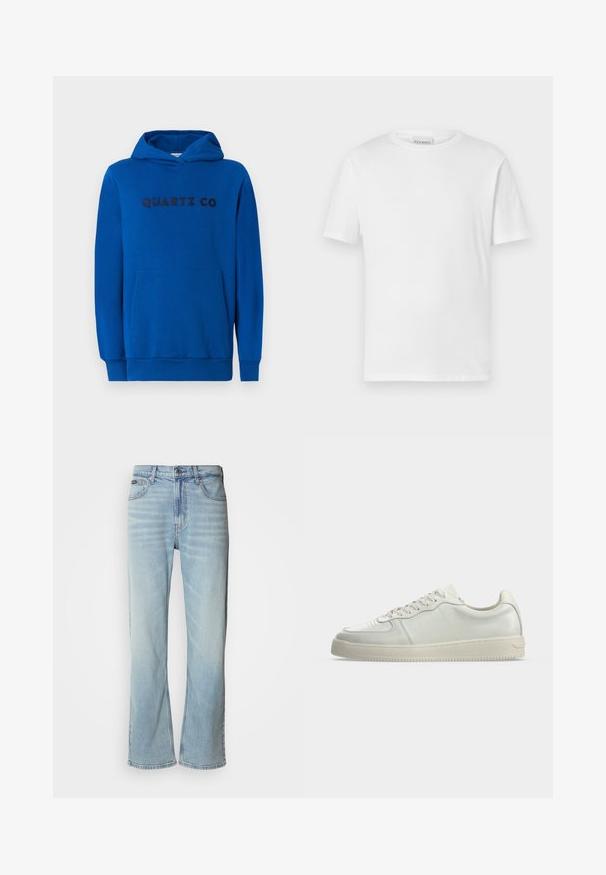 Sudadera azul hecha de una tela suave, con un bolsillo tipo canguro, puños acanalados y el logotipo "QUARTZ CO" impreso en la parte frontal en letras oscuras.; Camiseta blanca de manga corta hecha de algodón. Presenta un escote redondo y un dobladillo recto. Sin patrones ni adornos. Diseño simple.; Jeans de mezclilla azul claro con corte recto, que cuentan con cinco bolsillos, un cierre de botón y un ligero desvanecimiento en la tela.; Zapatilla blanca de piel baja con cierre de cordones y suela de goma color beige, mostrada de perfil sobre un fondo liso.