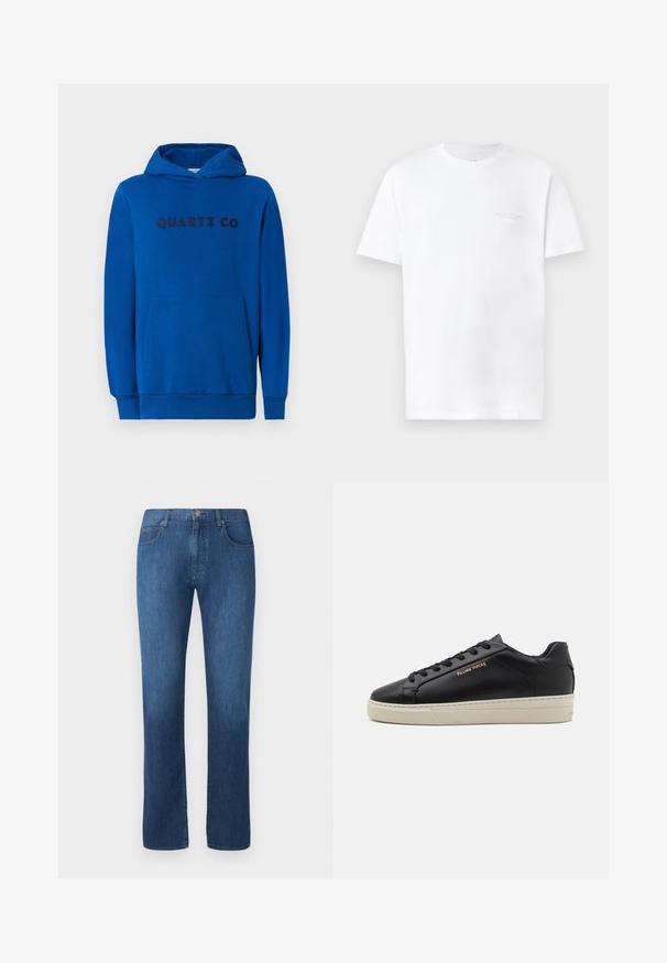 Sudadera azul hecha de una tela suave, con un bolsillo tipo canguro, puños acanalados y el logotipo "QUARTZ CO" impreso en la parte frontal en letras oscuras.; Camiseta de algodón blanca con mangas cortas, cuello redondo, con un sutil estampado de logo gris en la zona del pecho izquierdo y una textura suave.; Vaqueros de mezclilla de color azul oscuro con un diseño de pierna recta, cinco bolsillos y cierre de botón en la parte frontal. Textura suave y detalles de costura clásicos.; Zapatilla de cuero negra con un acabado suave, suela crema en contraste, puntera redonda, logo dorado en el lateral y seis ojales para los cordones.