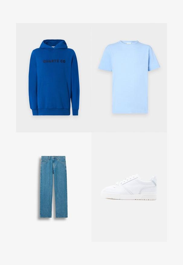 Blauwe hoodie van zacht materiaal, met een kangoeroezak, ribgebreide boorden en het logo "QUARTZ CO" in donkere letters op de voorkant gedrukt.; Lichtblauw T-shirt met korte mouwen, gemaakt van zachte stof. Rondhalsontwerp, rechte zoom en minimale textuur. Geen patronen of accenten.; Blauwe rechtvallende denim jeans met voorzakken, riemlussen en een knoopsluiting, afgebeeld tegen een witte achtergrond.; Witte lage sneaker met vetersluiting, gestikte panelen en een gestructureerde zool, weergegeven in zijaanzicht op een effen achtergrond.