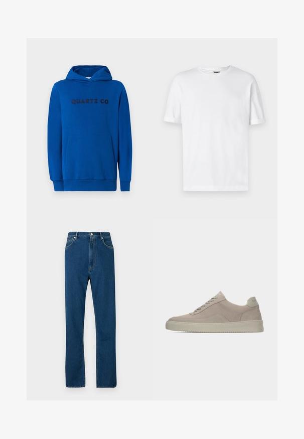 Blauer Hoodie aus weichem Stoff, mit einer Kängurutasche, gerippten Bündchen und dem auf der Vorderseite in dunklen Buchstaben aufgedruckten "QUARTZ CO"-Logo.; Weißes Baumwoll-T-Shirt mit Rundhalsausschnitt, kurzen Ärmeln und umgeschlagenen Bündchen; schlichtes Design, weiche Textur und gerade geschnitten.; Blaue Jeans mit hohem Bund, geradem Schnitt, Fünf-Taschen-Design und kontrastierendem orangefarbenem Nähen. Geschmeidige Textur.; Beige Wildledersneaker mit strukturierter Oberfläche, abgerundeter Zehenpartie und tonalen Schnürsenkeln. Verfügt über eine dicke Gummisohle und dezente Markenkennzeichnung an der Ferse.