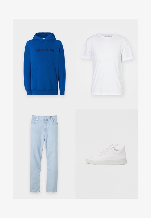 Blauwe hoodie van zacht materiaal, met een kangoeroezak, ribgebreide boorden en het logo "QUARTZ CO" in donkere letters op de voorkant gedrukt.; Witte katoenen T-shirt met een ronde hals, korte mouwen en een rechte snit. Geen patronen of versieringen, gladde textuur en eenvoudig ontwerp.; Lichtblauwe, rechte spijkerbroek van denim, met een knoop- en ritssluiting, vijf zakken en subtiele vervaging op de stof.; Witte leren sneaker met een afgeronde neus, platte zool en veters aan de voorkant. Voorzien van stikseldetails en een gevoerde kraag voor comfort.