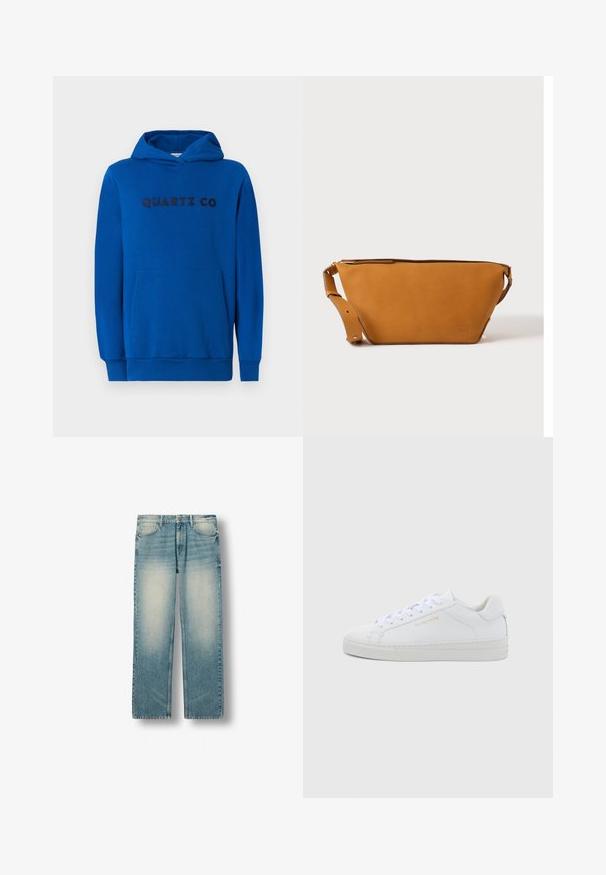 Blauwe hoodie van zacht materiaal, met een kangoeroezak, ribgebreide boorden en het logo "QUARTZ CO" in donkere letters op de voorkant gedrukt.; Lichtblauwe jeans met rechte pijpen, vervaagde voorste dijbeenzones, voorzakken, riemlussen en knoopsluiting.; Witte leren lage sneakers met een ronde neus, platte veters, een gestructureerde zool en subtiele gouden branding aan de zijkant. Gladde oppervlakte en minimalistisch ontwerp.; Lichtbruine leren crossbodytas met verstelbare band en ritssluiting, getoond tegen een effen lichte achtergrond.
