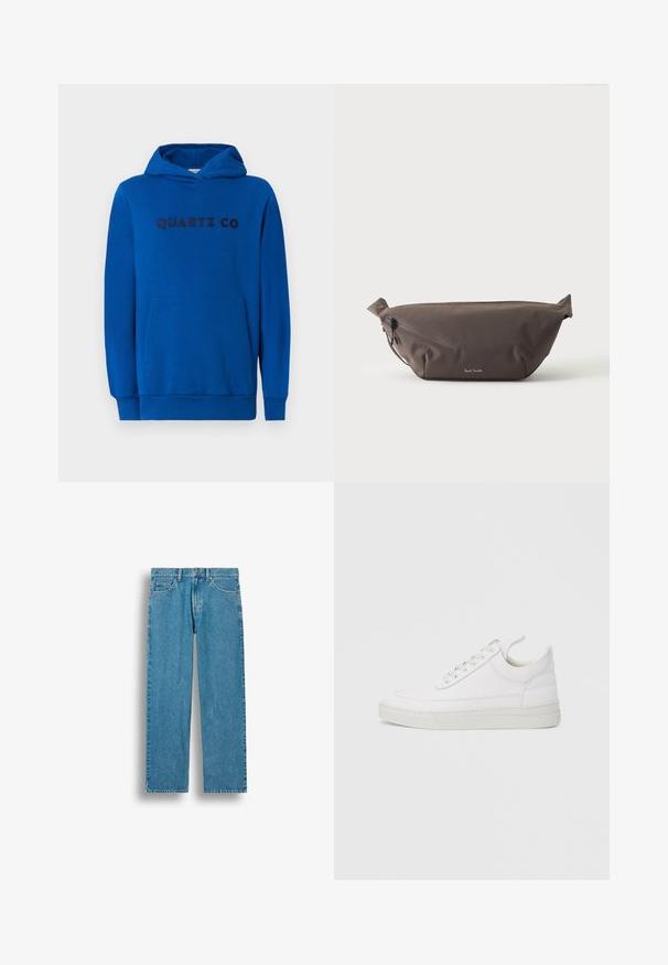 Blauwe hoodie van zacht materiaal, met een kangoeroezak, ribgebreide boorden en het logo "QUARTZ CO" in donkere letters op de voorkant gedrukt.; Blauwe rechtvallende denim jeans met voorzakken, riemlussen en een knoopsluiting, afgebeeld tegen een witte achtergrond.; Witte leren sneaker met een afgeronde neus, platte zool en veters aan de voorkant. Voorzien van stikseldetails en een gevoerde kraag voor comfort.; Donkerbruine stoffen heuptas met diagonale ritssluiting en klein wit logo aan de voorkant, tegen een effen lichte achtergrond.