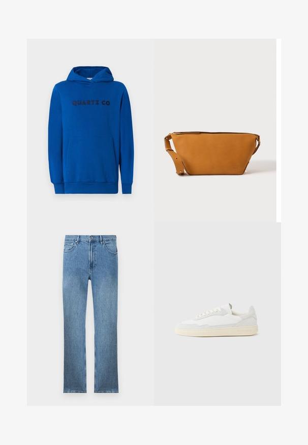 Blauwe hoodie van zacht materiaal, met een kangoeroezak, ribgebreide boorden en het logo "QUARTZ CO" in donkere letters op de voorkant gedrukt.; Lichtblauwe denim jeans met een rechte snit, vijf zakken, een ritsluiting en contrasterende stiksels. De stof heeft een gladde, gestructureerde afwerking.; Witte sneaker met een bovenwerk van gestructureerd suède en leer. Voorzien van een afgeronde neus, vetersluiting en een contrasterende beige rubberen zool.; Lichtbruine leren crossbodytas met verstelbare band en ritssluiting, getoond tegen een effen lichte achtergrond.