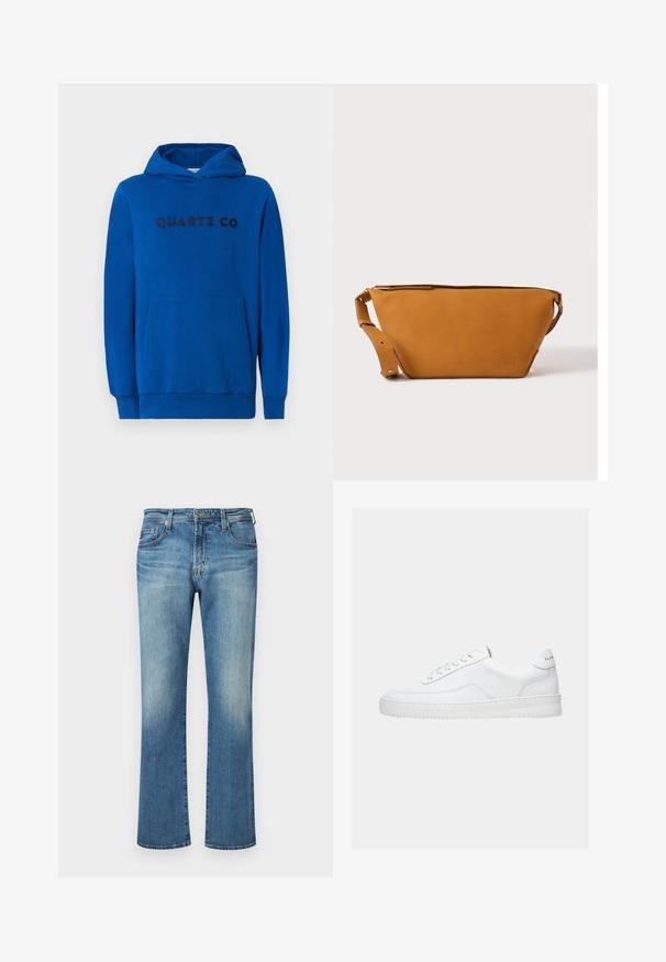 Blauer Hoodie aus weichem Stoff, mit einer Kängurutasche, gerippten Bündchen und dem auf der Vorderseite in dunklen Buchstaben aufgedruckten "QUARTZ CO"-Logo.; Blaue Denim-Hosen, mit geradem Bein und einem ausgewaschenen Look, ausgestattet mit einem klassischen Fünf-Taschen-Stil und Metallelementen.; Weißer Sneaker mit niedrigem Schaft, Schnürdesign, glattem Lederobermaterial und dicker Sohle, von der Seite auf einfachem Hintergrund gezeigt.; Hellbraune Leder-Umhängetasche mit verstellbarem Schulterriemen und Reißverschluss, vor einem schlichten hellen Hintergrund gezeigt.