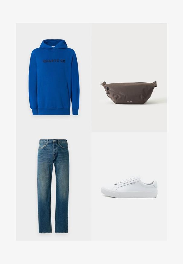 Blauwe hoodie van zacht materiaal, met een kangoeroezak, ribgebreide boorden en het logo "QUARTZ CO" in donkere letters op de voorkant gedrukt.; Blauwe denim jeans met een recht gesneden ontwerp, voorzien van een vijf-pocketstijl, subtiele vervaging en contrasterende stikselaccenten.; Witte leren sneakers met een gladde afwerking, laagmodel ontwerp, ronde neus en platte rubberen zool. Voorzien van platte veters en minimale merkpresentatie.; Donkerbruine stoffen heuptas met diagonale ritssluiting en klein wit logo aan de voorkant, tegen een effen lichte achtergrond.