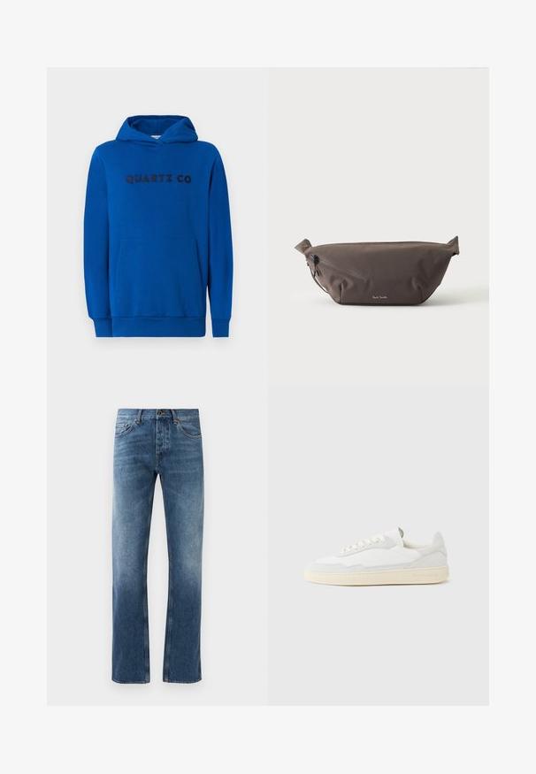 Blauer Hoodie aus weichem Stoff, mit einer Kängurutasche, gerippten Bündchen und dem auf der Vorderseite in dunklen Buchstaben aufgedruckten "QUARTZ CO"-Logo.; Blaue Jeans aus Denim mit geradem Bein, blasser Wäsche, fünf Taschen und kontrastierenden Nähten. Knopf- und Reißverschluss am Bund.; Weißer Sneaker mit strukturiertem Obermaterial aus Wildleder und Leder. Verfügt über eine runde Zehenpartie, Schnürverschluss und eine kontrastierende beige Gummisohle.; Dunkelbraune Stoff-Gürteltasche mit diagonalem Reißverschlussfach und kleinem weißen Logo vorne, vor einem einfarbigen hellen Hintergrund.