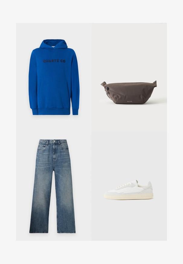 Blauwe hoodie van zacht materiaal, met een kangoeroezak, ribgebreide boorden en het logo "QUARTZ CO" in donkere letters op de voorkant gedrukt.; Blauwe denim wijdgerande jeans met een hoge taille, voorzien van subtiele vervaging, vijf zakken en een metalen knoopsluiting aan de voorkant.; Witte sneaker met een bovenwerk van gestructureerd suède en leer. Voorzien van een afgeronde neus, vetersluiting en een contrasterende beige rubberen zool.; Donkerbruine stoffen heuptas met diagonale ritssluiting en klein wit logo aan de voorkant, tegen een effen lichte achtergrond.