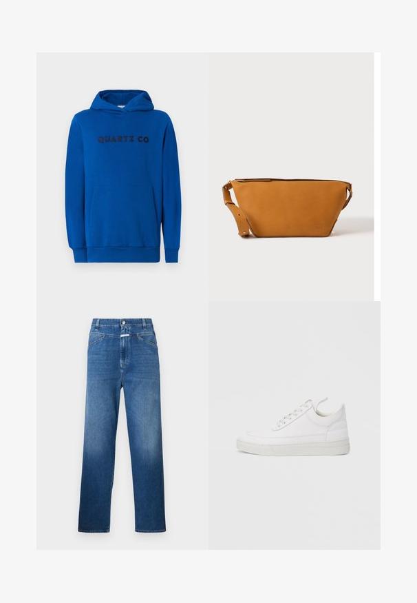 Blauer Hoodie aus weichem Stoff, mit einer Kängurutasche, gerippten Bündchen und dem auf der Vorderseite in dunklen Buchstaben aufgedruckten "QUARTZ CO"-Logo.; Blaue Denim-Jeans mit geradem Bein, ausgestattet mit einem Knopfverschluss, Gürtelschlaufen und dezenten Ausbleichungen an den Oberschenkeln.; Weißer Ledersneaker mit abgerundetem Zehenbereich, flacher Sohle und Schnürverschluss. Verfügt über Nahtdetails und einen gepolsterten Kragen für zusätzlichen Komfort.; Hellbraune Leder-Umhängetasche mit verstellbarem Schulterriemen und Reißverschluss, vor einem schlichten hellen Hintergrund gezeigt.