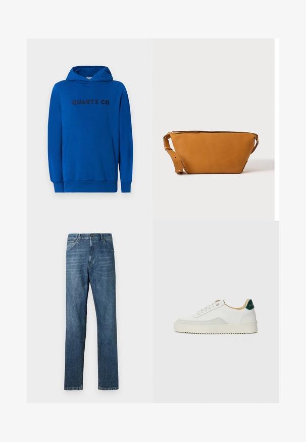 Blauwe hoodie van zacht materiaal, met een kangoeroezak, ribgebreide boorden en het logo "QUARTZ CO" in donkere letters op de voorkant gedrukt.; Donkerblauwe denim jeans, recht model, vijf-pocket stijl, zichtbare stiksels, en een klassieke knoopsluiting. Lichte wassingseffect op de stof.; Witte sneaker met suède accenten, ronde neus, platte veters en een crème rubberen zool. Bevat groene branding op de hiel.; Lichtbruine leren crossbodytas met verstelbare band en ritssluiting, getoond tegen een effen lichte achtergrond.