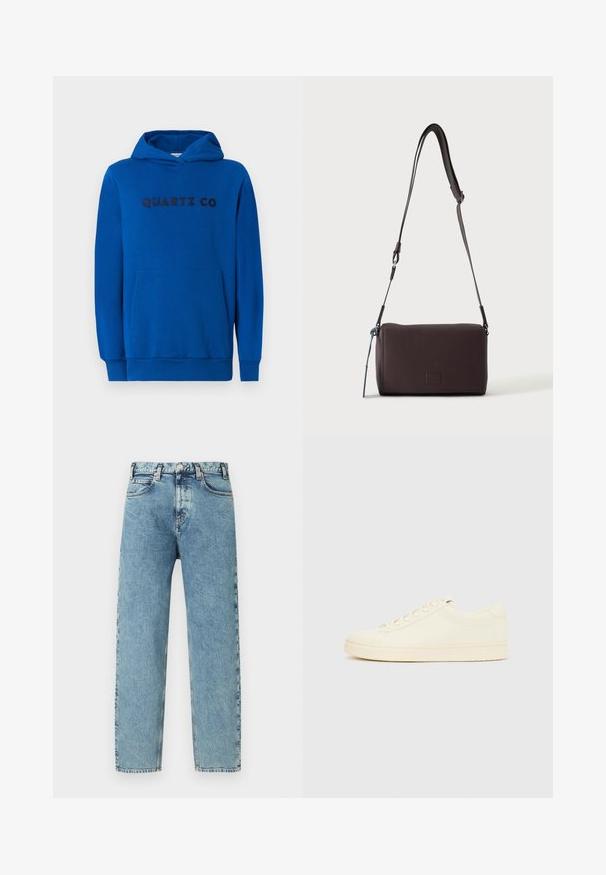 Blå hættetrøje lavet af blødt stof, med en kængurulomme, ribbede manchetter og "QUARTZ CO" logo trykt på forsiden i mørke bogstaver.; Lyseblå denimjeans med lige ben, fem lommer og lukning med messingknap. Stoffet har et let tekstureret, falmet udseende.; Sneaker i cremefarve med en glat læderoverdel, rundet tå, snørelukning foran og en tekstureret gummisål. Minimalistisk design uden logoer.; Mørkebrun textured læder crossbody taske med justerbar rem og lille dekorativ blå accent på siden.