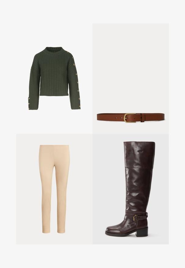 Grøn ribbet sweater med bådudskæring, cropped design og lange ærmer, der har guldknapper langs venstre side.; Beige slim-fit ankellange bukser med en glat finish og uden synlige lommer eller pynt på en ensfarvet baggrund.; Brune læderstøvler over knæet med en rund tå, en bred skafter, en spænde-rem ved anklen og en lav blokhæl.; Brunt læderbælte med en guldfarvet rektangulær spændelås og flere justeringshuller på hvid baggrund.