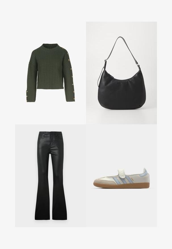 Grøn ribbet sweater med bådudskæring, cropped design og lange ærmer, der har guldknapper langs venstre side.; Sorte flared bukser lavet af glat, skinnende materiale. Har frontlommer og knaplukning. Skræddersyet pasform gennem talje og hofter.; adidas Originals SAMBA JANE BALLERINA - Ballerinasko m/ rem - cloud white/halo blue; Sort hobo-taske lavet af glat, holdbart materiale. Har en enkelt justerbar rem og et subtilt præglogo på forsiden.