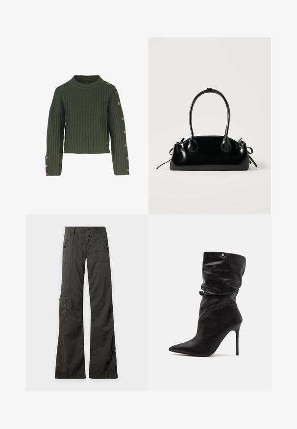 Pull en maille côtelée verte avec un col bateau, design court et manches longues ornées de boutons dorés sur le côté gauche.; Pantalon gris foncé à jambes larges avec poches à rabat devant et sur les côtés, passants pour ceinture et fermeture par bouton à la taille sur un fond uni.; Even&Odd Wide Fit by Zalando Bottines à talons hauts - black; Petit sac à main noir brillant avec deux longues anses et des détails à cordon sur les côtés sur un fond clair uni.