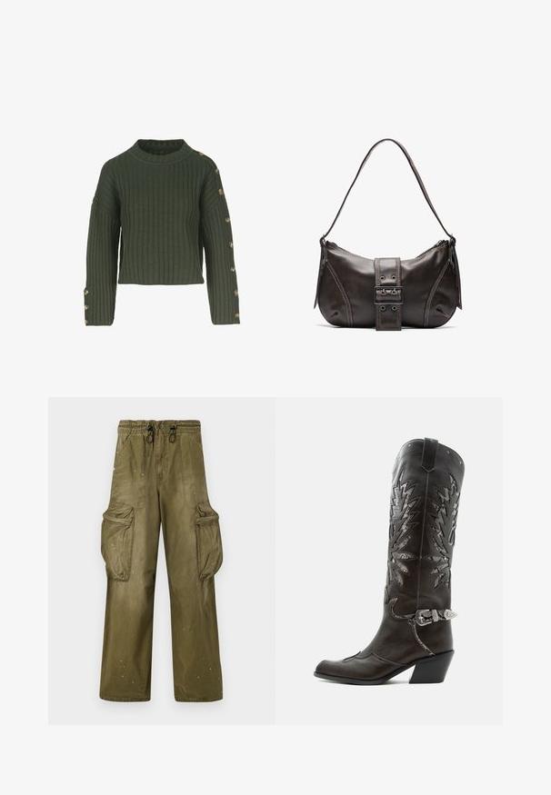 Pull en maille côtelée verte avec un col bateau, design court et manches longues ornées de boutons dorés sur le côté gauche.; Pantalons cargo verts olive avec une coupe décontractée, taille élastique, cordon de serrage, deux poches latérales et deux grandes poches cargo. Légères déchirures.; Botte de cowboy en cuir noir avec découpes décoratives, boucle argentée et talon incliné, présentée sur fond blanc.; Sac à épaule en cuir marron avec une forme courbée, présentant un détail de boucle proéminent, des coutures contrastantes et une seule bandoulière.