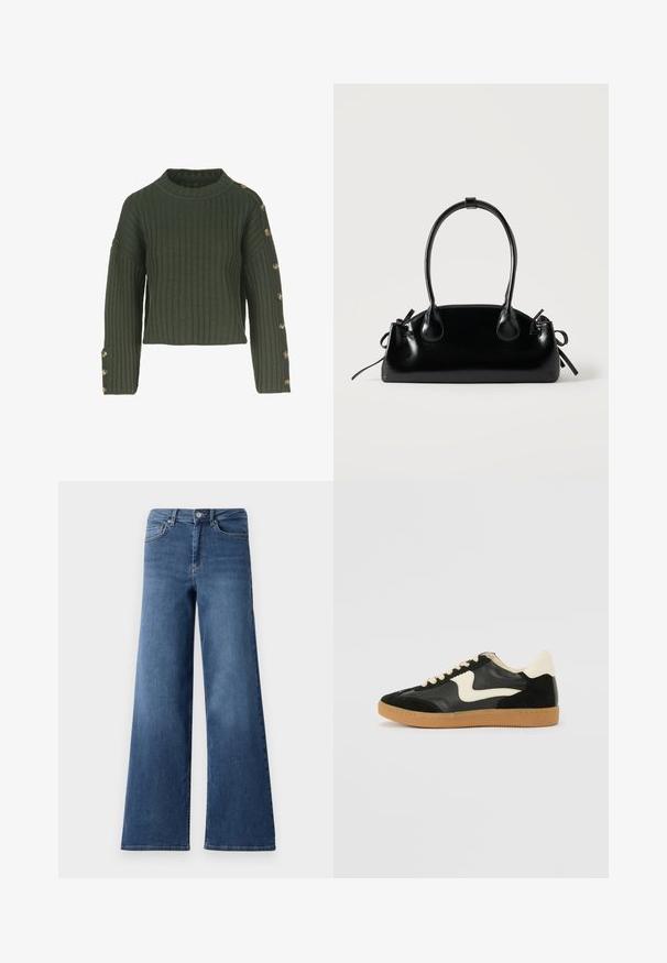 Grøn ribbet sweater med bådudskæring, cropped design og lange ærmer, der har guldknapper langs venstre side.; Bredde ben blå denimjeans med en standard talje, forlommer og en glat tekstur. Ingen synlige mønstre eller udsmykninger.; Sorte ruskinds- og lædersneakers med en cremefarvet side-swoosh og lys cremefarvet hæl. Har beige snørebånd og en gummirubber-sål.; Lille sort blank håndtaske med to lange håndtag og snøre-detaljer i siden på en ensfarvet lys baggrund.