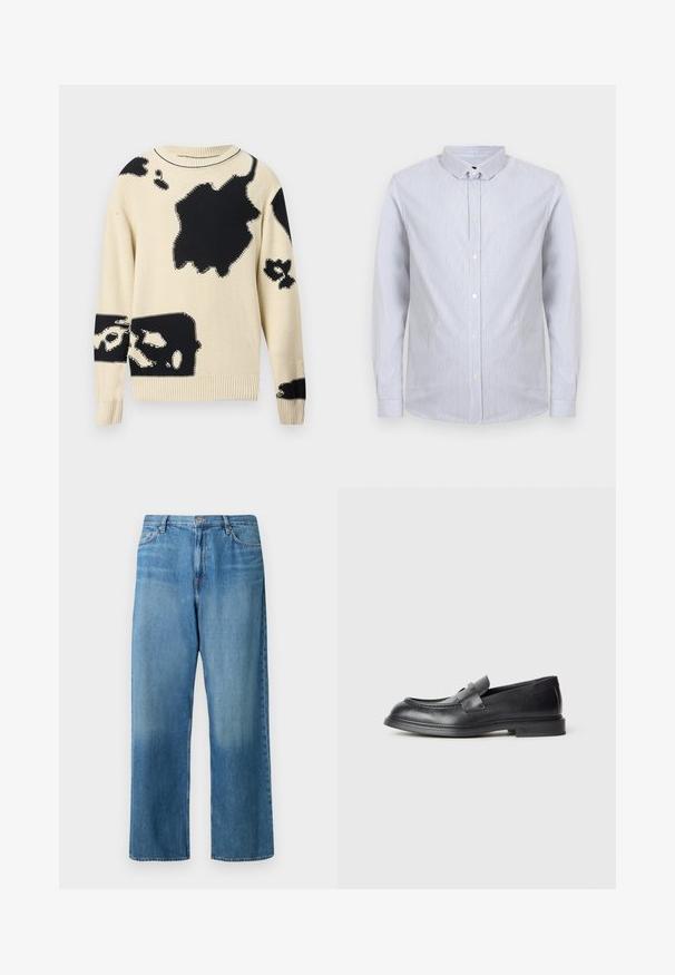 Pull en maille crème à manches longues avec des grandes taches abstraites noires irrégulières dispersées sur le devant et les manches.; Chemise pour homme à manches longues avec boutons, rayures verticales fines blanches et bleues, col pointu sur fond clair.; Jean large en denim bleu clair. Présente une taille mi-haute, un design à cinq poches et un effet délavé avec des coutures visibles.; Mocassins en cuir noir avec une finition texturée, dotés d'une bride décorative à l'avant et d'un bout arrondi. Semelle en caoutchouc pour plus de durabilité.