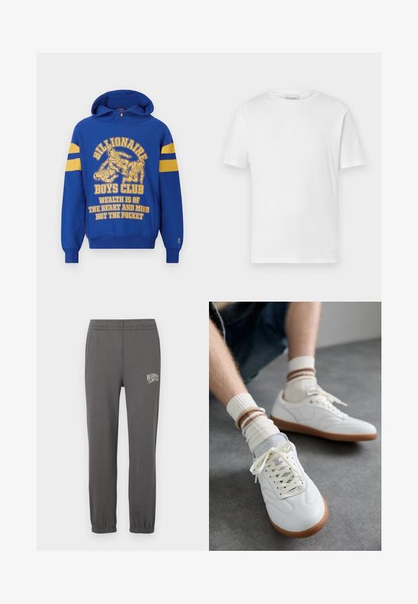 Blaue Kapuzenjacke mit einem Frontgrafikmotiv, das Astronauten zeigt. Gelbe Streifen an den Ärmeln und begleitender Text in Gelb. Weicher Stoff, Kängurutasche.; Weißes T-Shirt mit kurzen Ärmeln aus Baumwolle. Hat einen runden Halsausschnitt und einen geraden Saum. Keine Muster oder Verzierungen. Einfaches Design.; Graue Jogginghose mit elastischem Bund, schmal zulaufenden Bündchen und einem kleinen weißen Logo mit der Aufschrift "Billionaire Boy Club" am linken Oberschenkel.; Weiße Ledersneaker mit glatter Textur, grauen Wildlederelementen, beigen Gummisohlen und flachen Schnürsenkeln. Kombiniert mit cremefarbenen und braun gestreiften Socken.