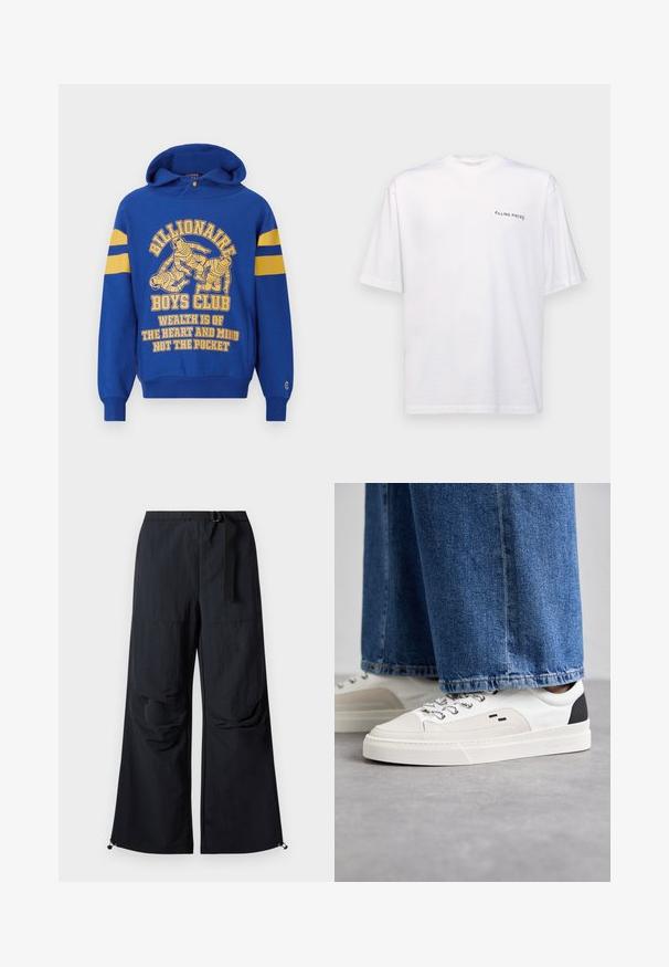 Blaue Kapuzenjacke mit einem Frontgrafikmotiv, das Astronauten zeigt. Gelbe Streifen an den Ärmeln und begleitender Text in Gelb. Weicher Stoff, Kängurutasche.; Weißes kurzärmliges T-Shirt aus Baumwolle mit V-Ausschnitt, mit einem schwarzen "FILLING PIECES" Logo, das auf der linken Seite gedruckt ist.; Schwarze, weit geschnittene Hose aus leichtem Stoff. Verfügt über einen Gürtel, zwei große Seitentaschen und verstellbare Säume mit Kordelzug.; Weiße und schwarze Sneaker mit einem Obermaterial aus glattem Leder, strukturierten Akzenten und einer massiven weißen Sohle. Verfügt über ein klassisches Schnürdesign.