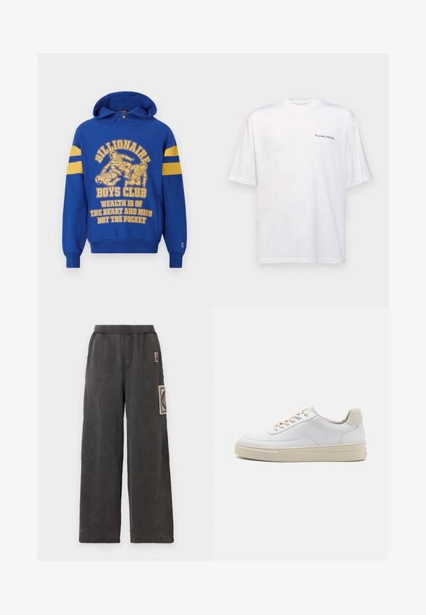 Blaue Kapuzenjacke mit einem Frontgrafikmotiv, das Astronauten zeigt. Gelbe Streifen an den Ärmeln und begleitender Text in Gelb. Weicher Stoff, Kängurutasche.; Weißes kurzärmliges T-Shirt aus Baumwolle mit V-Ausschnitt, mit einem schwarzen "FILLING PIECES" Logo, das auf der linken Seite gedruckt ist.; Weite Hosen aus dunkelgrauem Stoff, mit einem dekorativen Aufnäher auf der vorderen Tasche und einem elastischen Bund für mehr Komfort.; Weiße Sneaker mit einem glatten Lederobermaterial, beigen Schnürsenkeln und einer strukturierten, beigen Wildleder-Fersenschlaufe. Erhöhte Sohle für zusätzlichen Komfort.