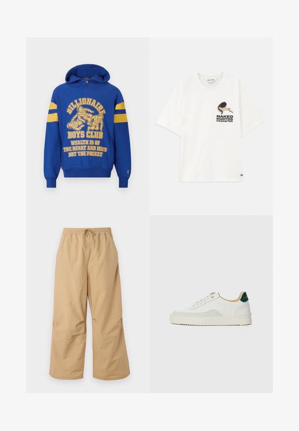 Sweat à capuche bleu avec un graphisme sur le devant représentant des astronautes. Rayures jaunes sur les manches et texte assorti en jaune. Tissu doux, poche kangourou.; T-shirt en coton blanc avec un graphisme pixelisé d'une silhouette et le texte "PHOTOS NUES INTERDITES" sur le côté gauche. Manches courtes.; Pantalons larges beiges en tissu léger, avec une taille élastique dotée d'un cordon de serrage et des accents cousus près de l'ourlet.; Baskets blanches avec des accents en daim, bout arrondi, lacets plats et semelle en caoutchouc crème. Présente une marque verte sur le talon.
