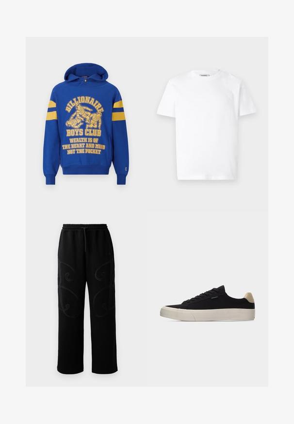 Sweat à capuche bleu avec un graphisme sur le devant représentant des astronautes. Rayures jaunes sur les manches et texte assorti en jaune. Tissu doux, poche kangourou.; T-shirt en coton blanc avec un col rond et des manches courtes. Présente un petit logo en relief sur la poitrine gauche. Texture lisse.; Pantalons de jogging noirs avec une coupe décontractée, présentant des motifs de couture tourbillonnants complexes sur les côtés et une ceinture élastique avec cordon de serrage.; Baskets basses noires avec languette beige au talon, semelle en caoutchouc blanche épaisse, lacets noirs et petite étiquette "PS Paul Smith" sur le côté.