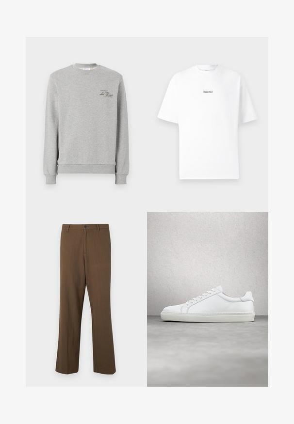 Grå sweatshirt lavet af blød bomuldsblanding, med rund hals, ribbede manchetter og et lille mørkegrønt logo på brystet.; Hvid bomulds t-shirt med korte ærmer og rund halsudskæring, der har et lille broderet logo "Selected" i sort placeret på brystet.; Brune, lige bukser lavet af tekstureret stof, med knaplukning og standard talje, samt sidelommer og skrædder-sømme.; Hvide sneakers med en glat læderoverdel og lav profil. Har en rund tå, seks snørehuller og en tekstureret gummisål.