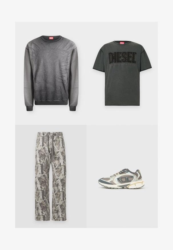 Sweat-shirt Diesel gris foncé avec un graphisme en relief d'une coiffe amérindienne et poignets et ourlet côtelés.; T-shirt à manches courtes gris foncé en coton. Présente un grand logo DIESEL noir et le texte "FOR SUCCESSFUL LIVING" dans un design contrastant.; Pantalons à motif camouflage avec une coupe décontractée, palette de couleurs grise et beige, taille élastique avec cordon de serrage et texture de tissu douce.; Chaussures de sport en matériaux gris, blanc et beige, dotées d'une tige en mesh, d'une semelle épaisse et d'accents texturés. Détails réfléchissants sur les côtés.