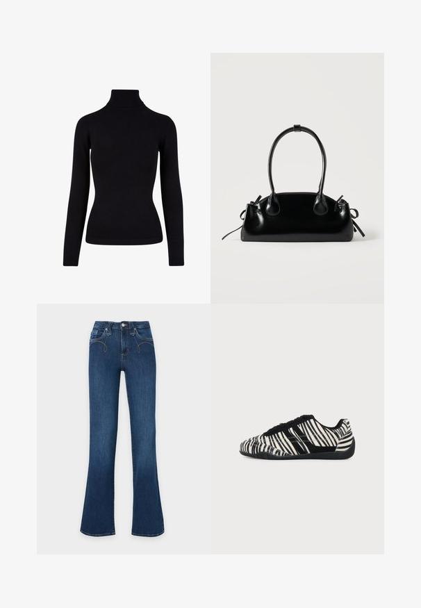Sort rullekrave sweater lavet af blødt strikkemateriale, med lange ærmer og ribbede detaljer ved halsen og kanten. Tætsiddende design.; Mørkeblå denimjeans med høj talje, knapper og lynlås foran samt vide ben.; Sort-hvid snørebåndssneaker med zebra-stribemønster og tekstureret sort sål på en ensartet lys baggrund.; Lille sort blank håndtaske med to lange håndtag og snøre-detaljer i siden på en ensfarvet lys baggrund.