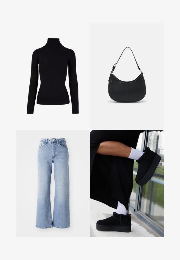 Sort rullekrave sweater lavet af blødt strikkemateriale, med lange ærmer og ribbede detaljer ved halsen og kanten. Tætsiddende design.; Lysblå højtaljede brede jeans med for- og baglommer, knaplukning og subtil falming på lårene og kantene.; Sorte suede ankelstøvler med flad sål, med en bageste træksløjfe, båret med hvide ankelstrømper mod en minimalistisk baggrund.; Sort hobo taske lavet af glat læder med en buet silhuet, der har en enkelt justerbar skulderrem og minimalistiske designdetaljer.