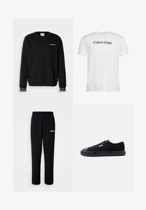 Zwarte sweatshirt gemaakt van een katoenmix, met een ronde halslijn, lange mouwen en contrasterende gestreepte boorden. Logo weergegeven op de borst.; Wit T-shirt met korte mouwen en ronde hals met zwarte "Calvin Klein" tekst gecentreerd op de borst.; Zwarte joggingbroek met een elastische tailleband, voorzien van het witte "CALVIN KLEIN" logo op het linkerpijp. Zacht materiaal met een relaxed fit.; Zwarte lage canvas sneaker met rubberen zool, veters aan de voorkant en een klein metalen Calvin Klein-logo aan de zijkant.