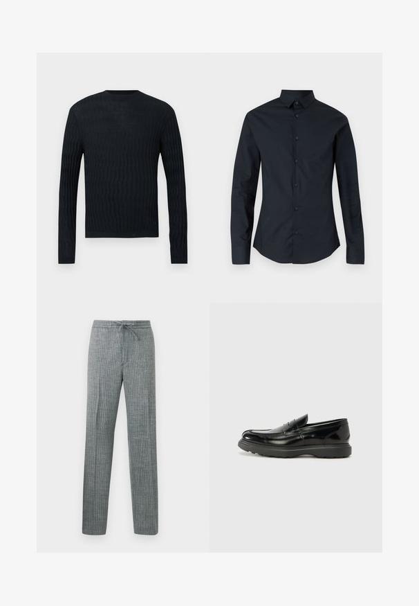 Pull tricoté bleu marine avec une texture ondulée, manches longues et col rond. Présente un ourlet et des poignets côtelés pour un ajustement sûr.; Chemise noire à manches longues avec un col pointu, fermeture à boutons sur le devant et coupe slim. Confectionnée en tissu lisse, elle présente un discret broderie de logo.; Pantalon gris ajusté avec fines rayures blanches verticales et taille à cordon, présenté à plat sur un fond blanc.; Mocassin en cuir noir avec une finition brillante, bout arrondi, détails de couture subtils et semelle en caoutchouc épaisse pour la durabilité.