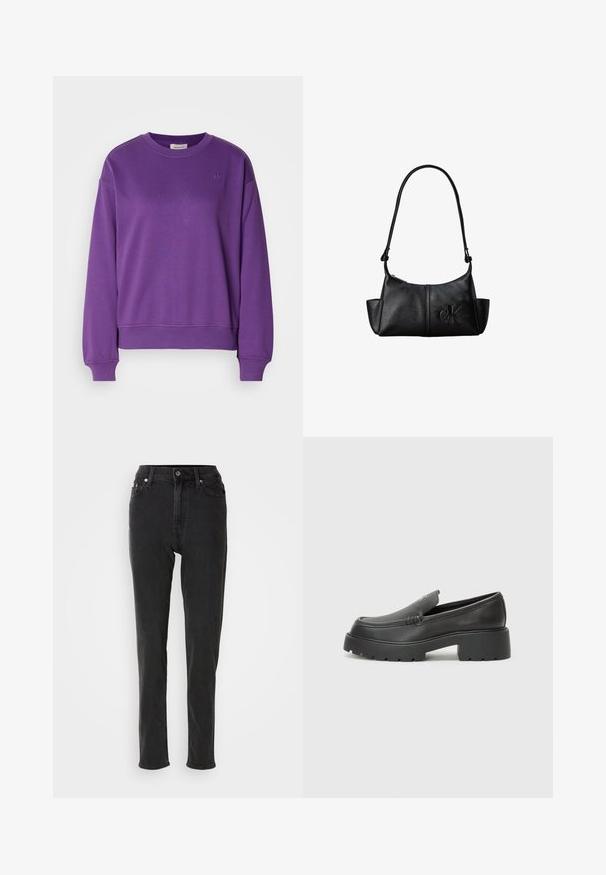 Lilla bomulds sweatshirt med rund hals og ribbede manchetter. Har et diskret broderet logo på brystet og en afslappet pasform.; Sorte højttaljede denimjeans med smal pasform, der har knaplukning, bæltestropper og kontrastsyninger. Glat tekstur uden synlige mønstre.; Sorte læder loafers med rund tå, tyk tekstureret sål og minimale syninger. Elegant design uden synlige snørebånd eller hardware.; Sort læder skuldertaske med lang rem, sidelommer og præget Calvin Klein-logo på fronten.