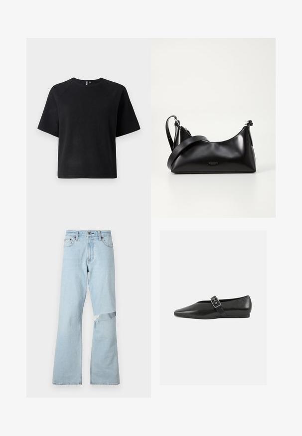 Schwarzes T-Shirt mit kurzen Ärmeln aus einem weichen Stoff, mit einem klassischen Rundhalsausschnitt und einer entspannten Passform mit Raglanärmeln.; Hellblaue Jeans im Flared-Design mit einem ausgefransten Patch am Knie und normalen Fronttaschen.; Schwarze Lederflachschuhe mit spitzem Zehenbereich, ausgestattet mit einem metallischen Riemen über dem Spann und einer niedrigen, flexiblen Sohle.; Schwarze lederne Handtasche mit glatter Textur. Verfügt über einen verstellbaren Riemen und ein elegantes, minimalistisches Design mit einem Reißverschluss.