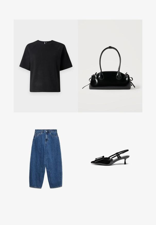 Must have musta lühikeste varrukatega t-särk, mis on valmistatud pehmest kangast, klassikalise ringkaelusega ja lõdva istuvusega raglan varrukatega.; Sinised teksapüksid kõrge vöökohaga, lõdva istumise ja sirgete säärtega. Klassikaline viie taskuga disain, luku ja nööpkinnitusega.; Mustad läikivad nahkjalatsid, millel on terav varvas, ees viigivöönd ja väike stiletto konts. Rihmad on reguleeritavate pandlitega.; Väike must läikiv käekott kahe pika sangaga ja külgedel paelakinnitustega, ühel lihtsal helel taustal.