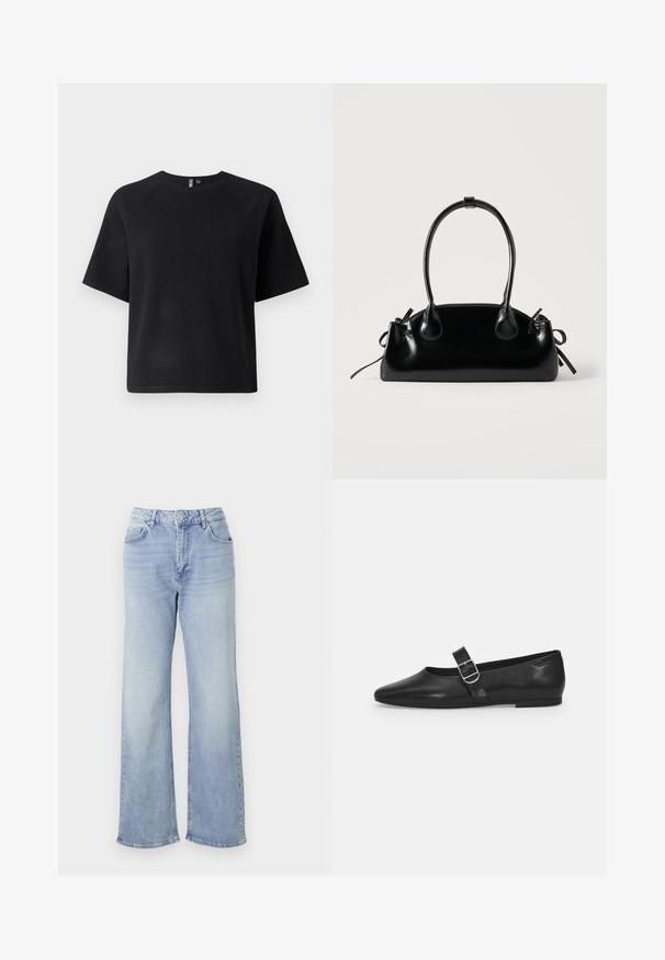 Must have musta lühikeste varrukatega t-särk, mis on valmistatud pehmest kangast, klassikalise ringkaelusega ja lõdva istuvusega raglan varrukatega.; Heledad sinine laiad teksad, mis on valmistatud denimist, kõrge taljega, viie taskuga ja kerge soondega äärisega.; Must värvi nahast tasased kingad ümarate varvastega, ühe reguleeritava paelaga ja siledat, läikivat pinda. Minimalistlik disain madala kontsaga.; Väike must läikiv käekott kahe pika sangaga ja külgedel paelakinnitustega, ühel lihtsal helel taustal.