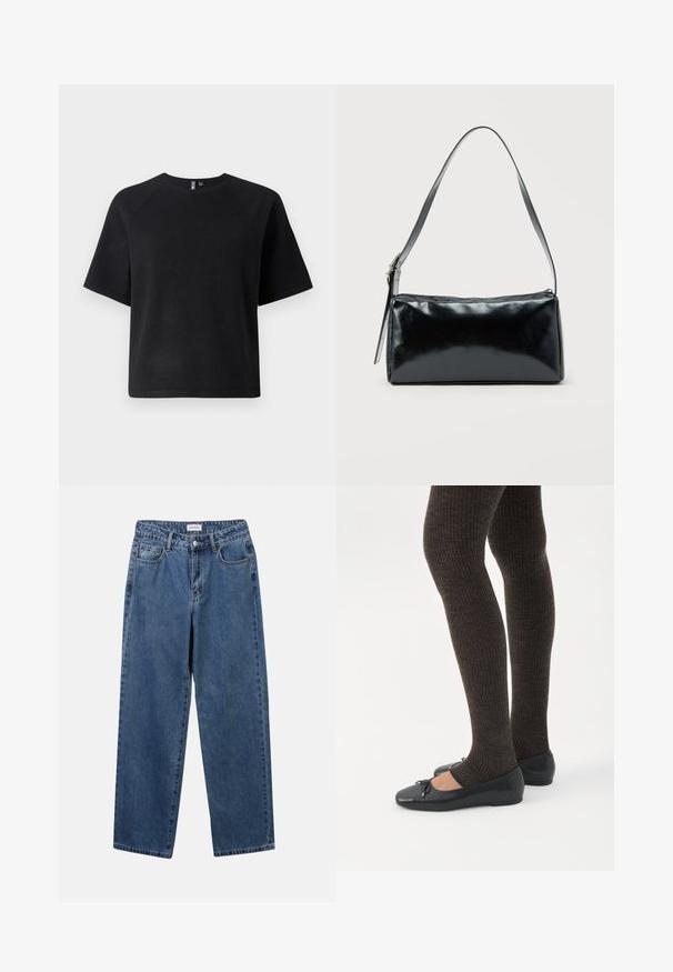 Must have musta lühikeste varrukatega t-särk, mis on valmistatud pehmest kangast, klassikalise ringkaelusega ja lõdva istuvusega raglan varrukatega.; Klassikalised sinised denimists teksad otsejalaga disainiga, viie taskuga ja nööbisuletusega. Omab keskmist pesu ja tugevat tekstuuri.; Jalad seljas tumedad soonelises soonelises kombines mustade baleriinadega, millel on väikesed paelade detailid valgel taustal.; Must ristkülikukujuline õlakott ühe reguleeritava rihmaga ja ülemise tõmblukuga, ühtlase taustaga.