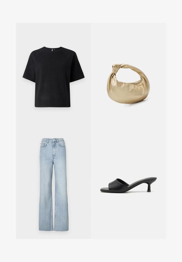 T-shirt noir à manches courtes en tissu doux, avec un col ras du cou classique et une coupe décontractée avec des manches raglan.; Jeans en denim bleu clair évasés avec taille haute, dotés de poches avant et de coutures discrètes le long des jambes.; Sandales noires à glisser avec une tige en cuir lisse, bout ouvert et un petit talon brillant. Design minimaliste avec une forme incurvée et une finition épurée.; Sac à main en métal doré avec une texture lisse et brillante. Il possède une anse nouée et une forme arrondie et douce. Fermeture zippée sur le dessus.