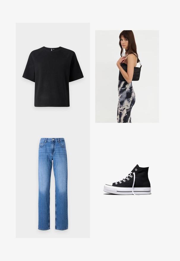 T-shirt noir à manches courtes en tissu doux, avec un col ras du cou classique et une coupe décontractée avec des manches raglan.; Jean en denim bleu clair avec une taille haute, une coupe droite et des zones décolorées. Comprend des poches avant standard et une fermeture à bouton.; Baskets montantes en toile noire avec semelle en caoutchouc blanche et lacets blancs, vues de côté sur un fond blanc.; Sac à épaule noir en matelassé avec une seule sangle et des accessoires en argent, associé à une robe ajustée à motif tie-dye dans des teintes de noir et de crème.