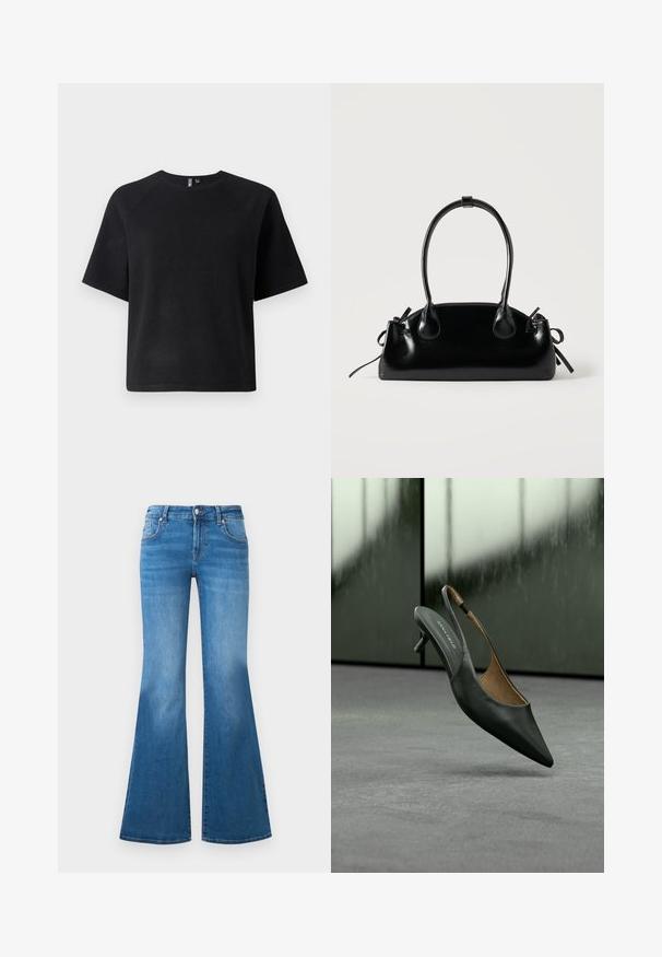 Zwarte t-shirt met korte mouwen, gemaakt van een zachte stof, met een klassieke ronde hals en een relaxte pasvorm met raglanmouwen.; Flared blauwe denim jeans met een medium hoge taille, vijf zakken en vervaagde details op de dijen. Zilveren accenten op de knopen.; Zwarte slingback kittenheel schoen met spitse neus, een dunne band en "ANNA FIELD" label op de binnenzool, tegen een vage grijze achtergrond.; Kleine zwarte glanzende handtas met twee lange hengsels en zijkant trekkoord details op een effen lichte achtergrond.