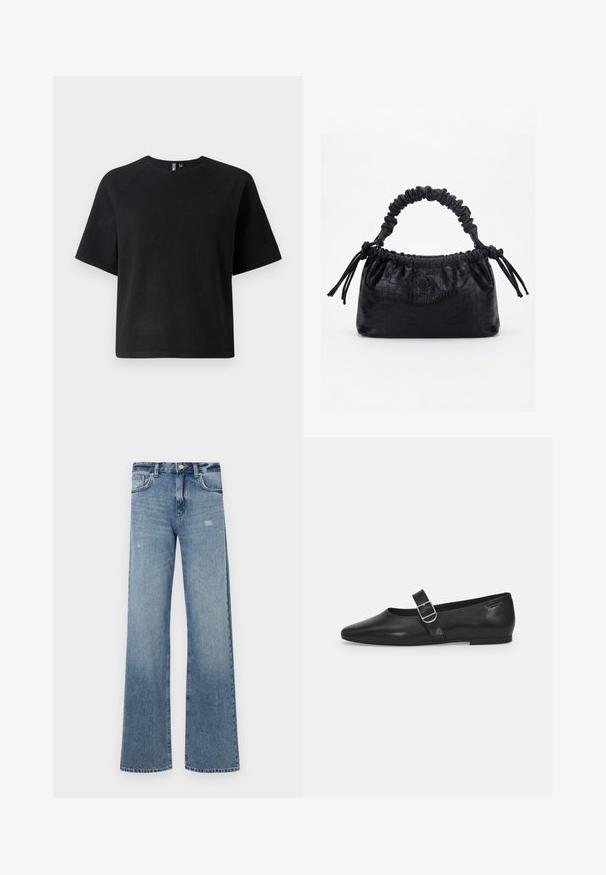 Must have musta lühikeste varrukatega t-särk, mis on valmistatud pehmest kangast, klassikalise ringkaelusega ja lõdva istuvusega raglan varrukatega.; Heled sinise värviga teksapüksid, millel on kõrge vöökoht, laiad jalad, kerge kulumine ja traditsiooniline viie taskuga struktuur.; Must värvi nahast tasased kingad ümarate varvastega, ühe reguleeritava paelaga ja siledat, läikivat pinda. Minimalistlik disain madala kontsaga.; Must käekott krokodillinaha tekstuuriga, voltis ülaservaga, kogutud sangaga ja kummipaeladega tutsidega igal küljel valgel taustal.