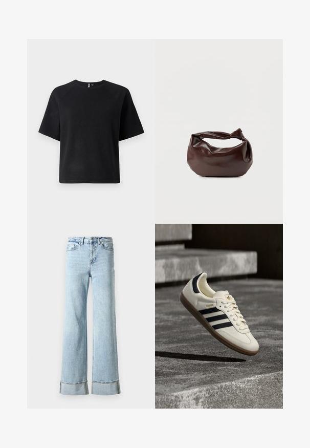 T-shirt noir à manches courtes en tissu doux, avec un col ras du cou classique et une coupe décontractée avec des manches raglan.; Jeans en denim bleu clair avec des jambes larges, des ourlets effilochés et des détails décoratifs en rhinestones aux poignets. Design standard à cinq poches.; Baskets blanches Adidas Samba avec des bandes noires et une semelle en gomme, flottant au-dessus de marches en béton gris texturé.; Sac bandoulière en cuir marron foncé avec une forme souple et décontractée et une anse nouée torsadée sur un fond blanc uni.