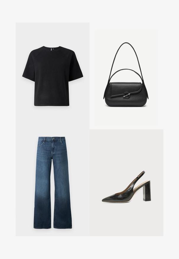 Sort kortærmet t-shirt lavet af et blødt stof, med en klassisk rund hals og en afslappet pasform med raglanærmer.; Mørkeblå bredbenede jeans lavet af denim, med høj talje, fem-lommer design og diskret falmning ved kanten. Standard knaplukning.; Sort læder peep-toe slingback sko med høj blokhæl og beige indvendig foring mod en ensfarvet lys baggrund.; Sort læderhåndtaske med afrundede kanter, asymmetrisk klap, metalcirkulært spænde samt både korte og lange skulderstropper.
