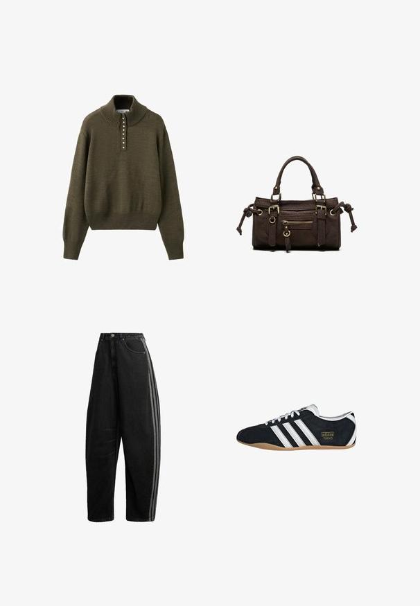Pull en maille vert olive avec un col montant, doté d'une patte de boutonnage à six boutons et d'un ourlet et de poignets côtelés pour un look texturé.; Jean noir à jambes larges, taille haute, fermeture par bouton et zip, poches avant, et deux bandes grises courant le long des coutures latérales extérieures.; Sneakers en suede noir avec trois bandes blanches, logo doré et semelle en caoutchouc marron. Présente un design à lacets à profil bas.; Sac à main en cuir marron foncé avec double poignée, poche avant zippée, boucles décoratives et nœuds latéraux sur fond blanc.