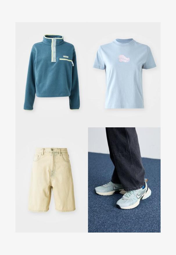Teal fleece-pullover med høj krave, der har en fire-knaps placket, en lynlåslomme på brystet og lysegrønne accenter langs kraven.; Lyseblå bomulds T-shirt med korte ærmer og høj halsudskæring, prydet med et lille pink broderet skaldesign på forsiden.; Lys gule denim shorts med høj talje, der har bæltestropper, frontknaplukning og sidelommer. Glat tekstur og lige snit.; Lyseblå mesh Nike sneakers med struktureret finish, sort swoosh og cremefarvet mellemsål, parret med mørkegrå vide bukser.