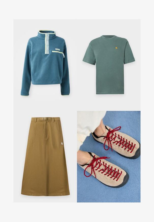 Teal fleece-pullover med høj krave, der har en fire-knaps placket, en lynlåslomme på brystet og lysegrønne accenter langs kraven.; Grøn bomulds t-shirt med rund hals og korte ærmer, med et lille gult logo på venstre bryst. Blød tekstur, afslappet design.; Lang, lysebrun udendørsskjørt med forlommer, integreret bælte og The North Face-logo på højre side.; Beige sko med røde snørebånd, placeret på en blå tekstureret overflade, delvist synliggørende en persons ankel. Skoene har et sporty design.